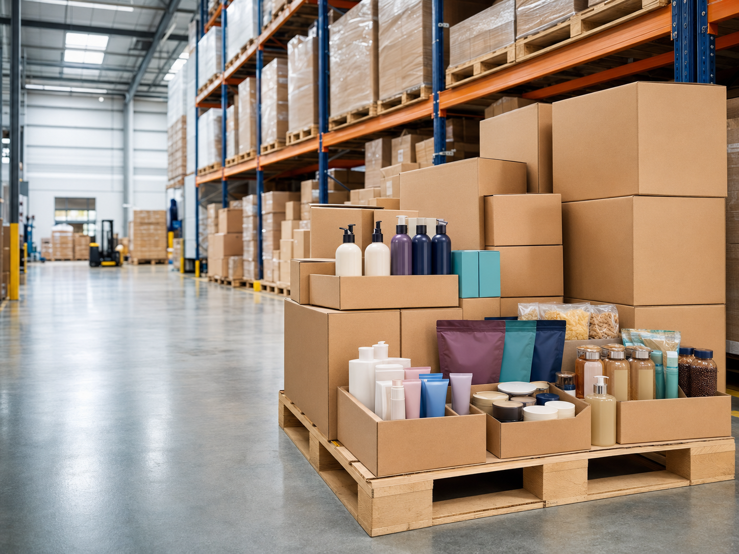 Organised wholesale warehouse with FMCG and beauty products prepared for distribution